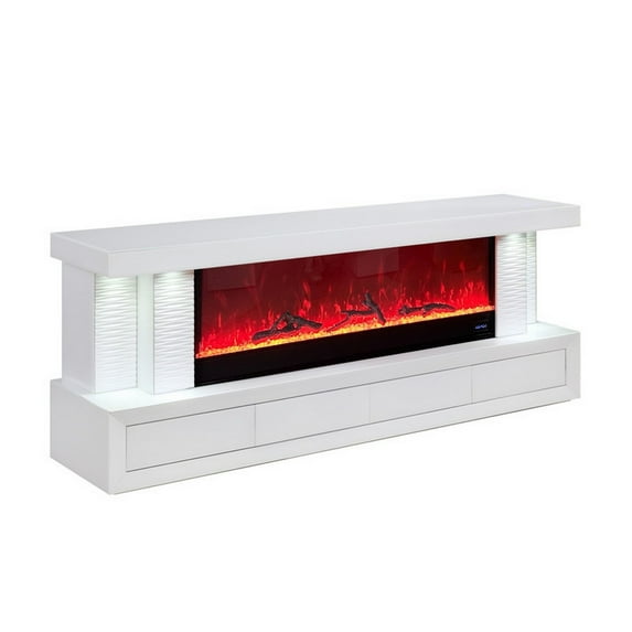 Benjara Cere 71 Inch TV Console with Fireplace and Speaker, Drawers, White Wood