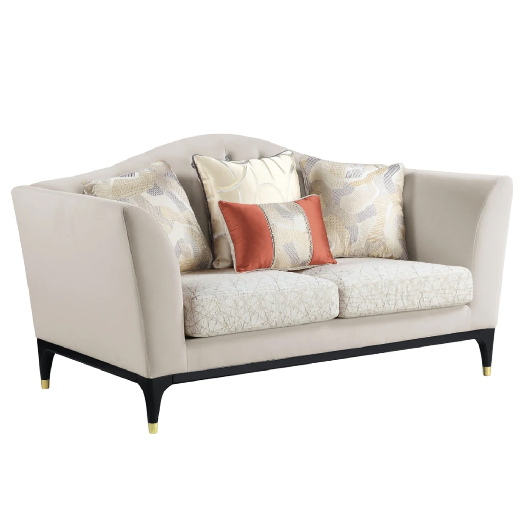 Beige Velvet Tufted Loveseat with Gold-Capped Wood Legs, 71"