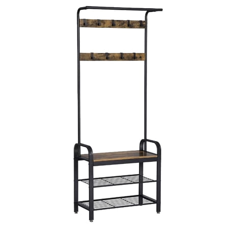 Metal and Wood Framed Coat Rack with Multiple Hooks and Storage Shelves, Brown and Black