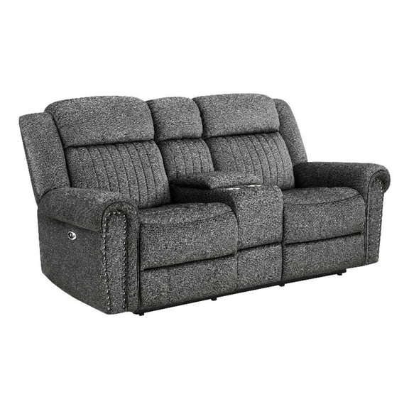 Katy 76 Inch Double Recliner Loveseat, Storage Console, Gray Microfiber