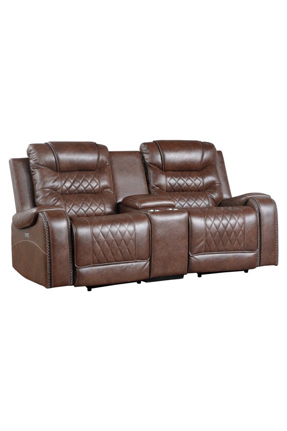 Paul 78 Inch Power Recliner Loveseat, Cupholder Console, Brown Faux Leather