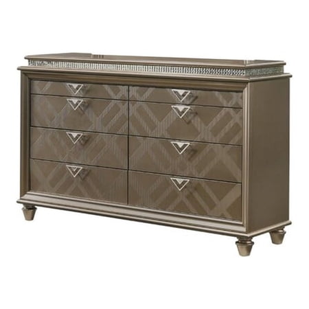 Benjara 8 Drawer Wooden Dresser with Crystal Inlay and V Pulls, Brown and Silver