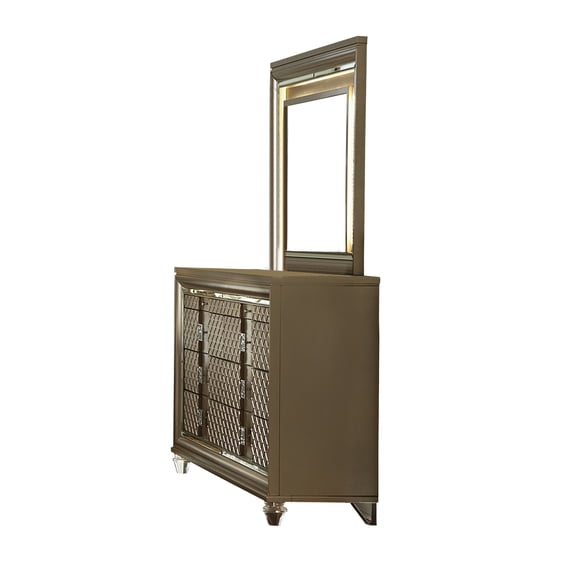 Benjara 8 Drawer Wooden Dresser with Embossed Diamond Pattern, Champagne Gold