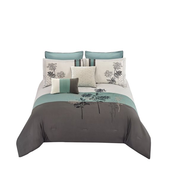 Benjara 8 Piece King Polyester Comforter Set with Floral Embroidery, Multicolor