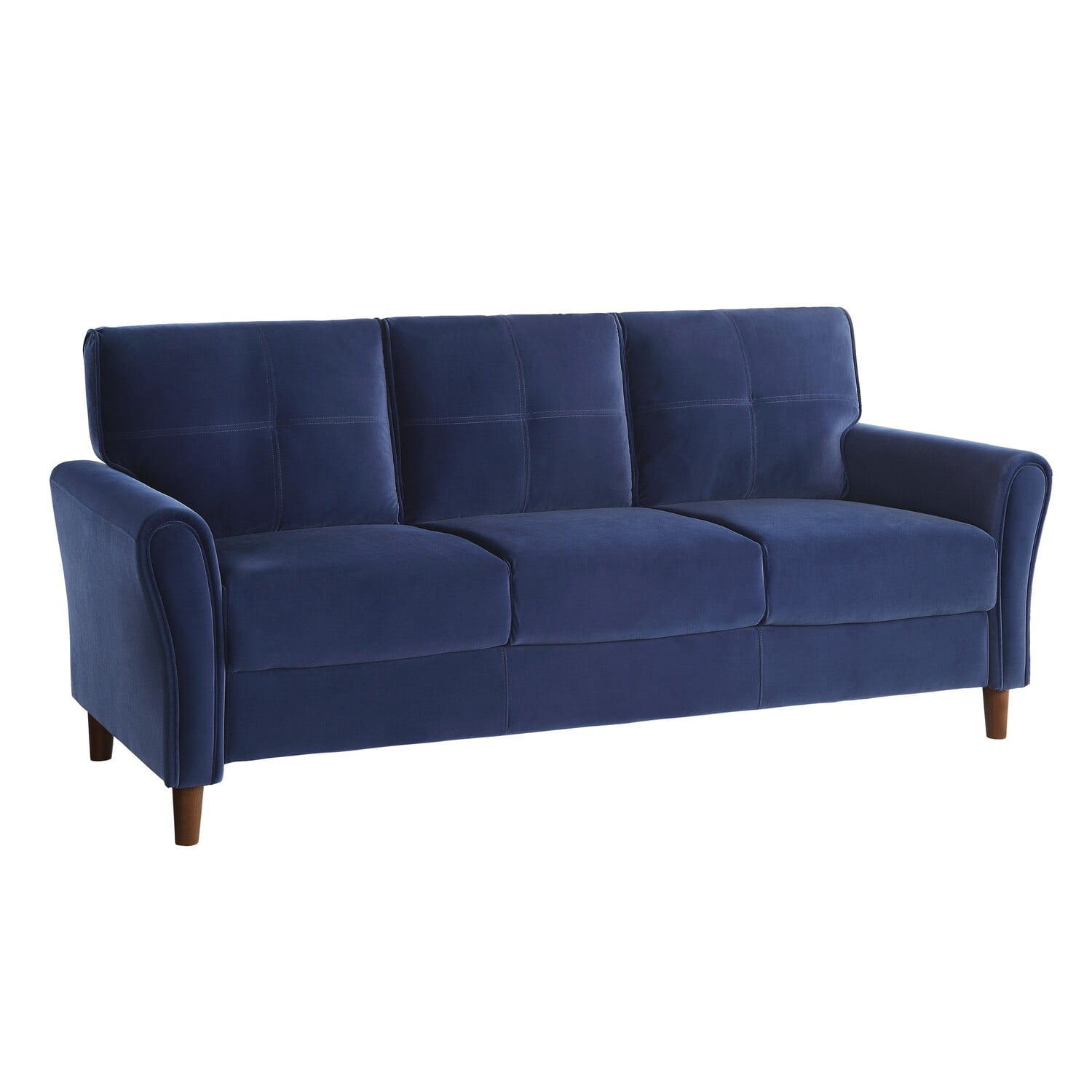 Benjara Sarah 80 Inch Sofa, Blue Velvet, Stitch Tufting, Reversible Cushions