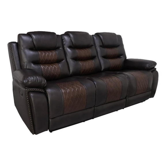 Benjara Asher 85" Sofa with Dual Recliners- Brown Faux Leather Upholstery
