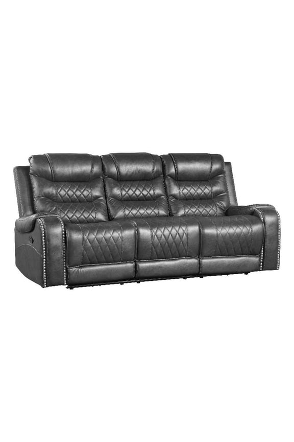 Paul 87 Inch Power Recliner Sofa- Drop Table Cupholders Gray Faux Leather
