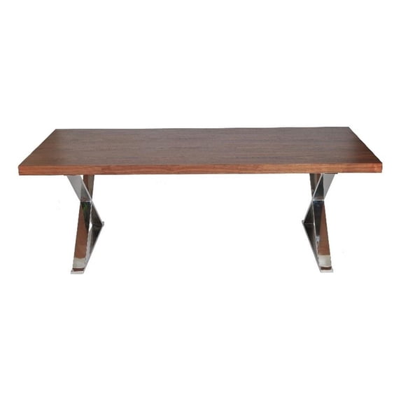 Benjara Rix 87" Dining Table- X Chrome Legs- Walnut Brown Rectangular Wood Top