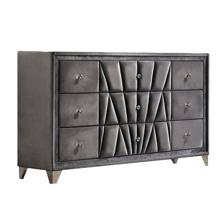 Benjara 9 Drawer Fabric Frame Dresser with Tufted Accents and Acrylic Knob, Gray