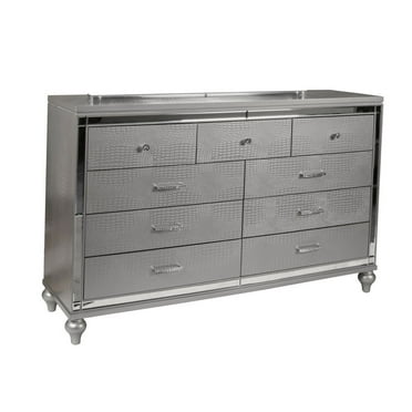 Benjara 9 Drawer Wooden Dresser with Embossed Texture and Mirror Accents, Silver-Color:Silver