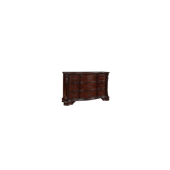 9 Drawers Wooden Dresser with Engraved Details and Bracket Feet Cherry Brown