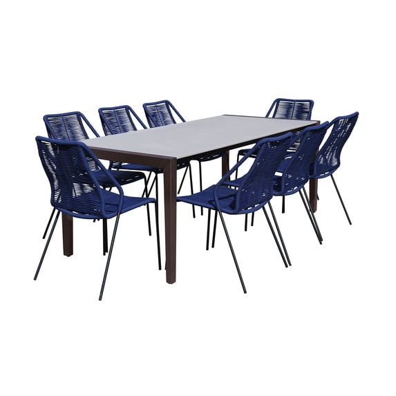 Benjara 9 Piece Dining Set with Super Stone Top and Fishbone Weaving, Blue