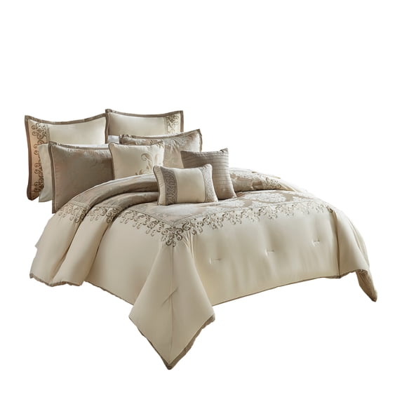 Benjara 9 Piece Queen Polyester Comforter Set with Damask Print, Cream and Gold