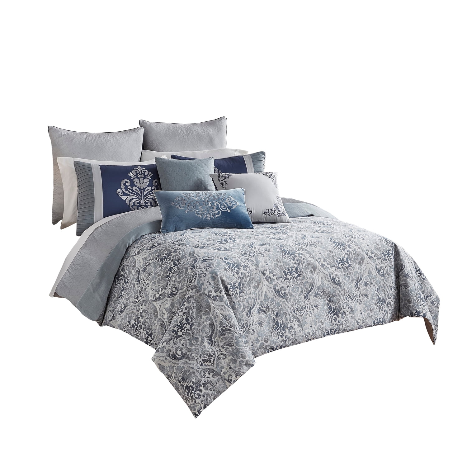 Traditional Queen Blue and Gray Damask Comforter Set