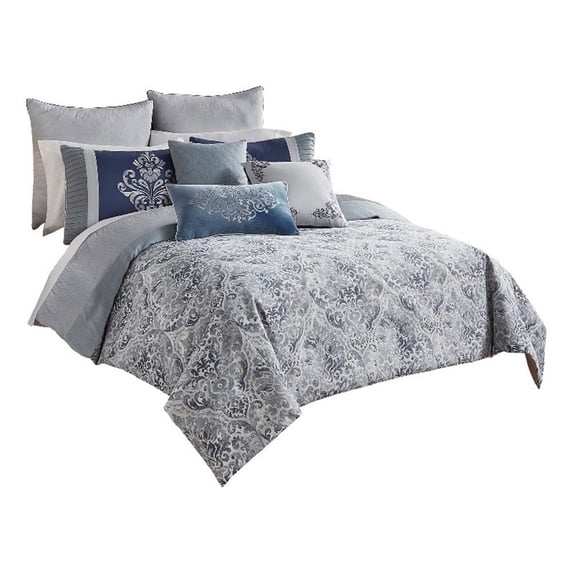 9 Piece Queen Polyester Comforter Set with Damask Prints, Blue and Gray