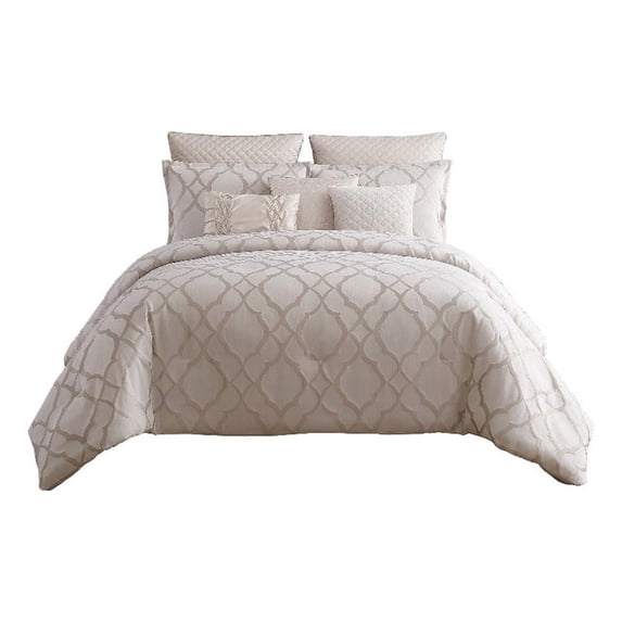 Benjara 9pc Queen Size Comforter Set with Quatrefoil Prints- White Polyester