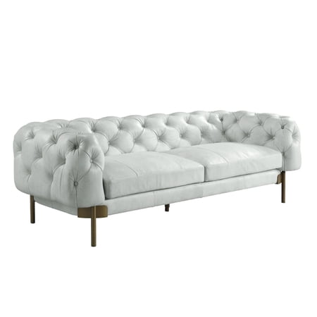 BenJara 96 Inch Sofa, Top Grain Leather, Button Tufted Back and Arms, White