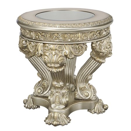 Benjara Abel 33 Inch Round End Table, Opulent Floral Carved Base, Champagne