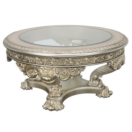 Benjara Abel 47 Inch Round Coffee Table, Opulent Floral Carved Base, Champagne