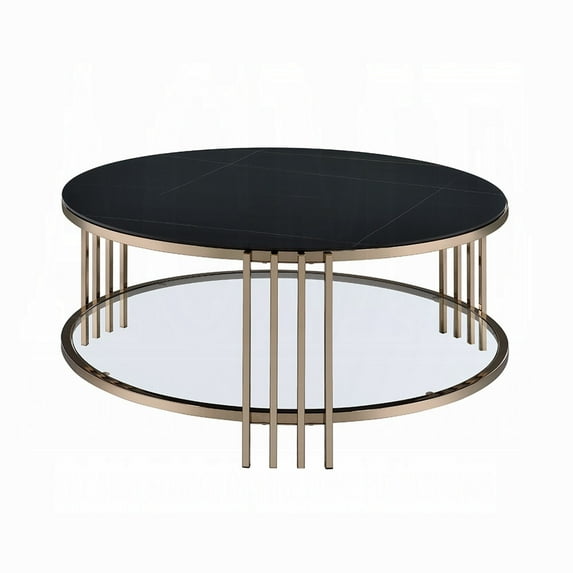 Abio Coffee Table, 35 Inch, Round Sintered Stone Top, Black and Gold