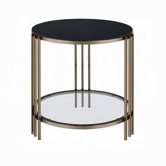 Abio Side End Table-23 Inch-Round Sintered Stone Top-Black and Gold