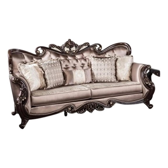 Benjara Aboi Sofa w 5 Pillows- Brown Velvet- Carved Dark Cherry Wood- 95 Inch