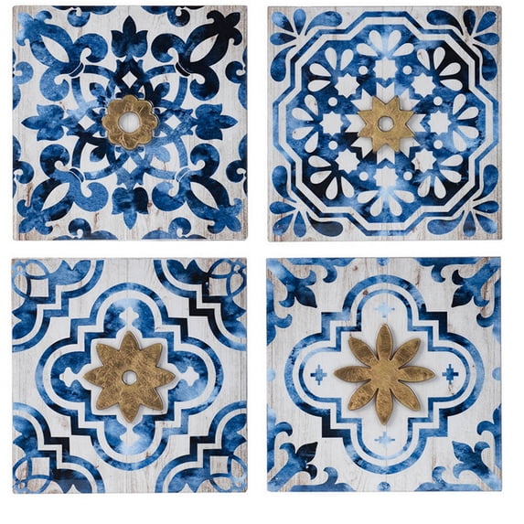 Set of 4 Classic Framed Wall Decor Abstract Tile Design White & Blue