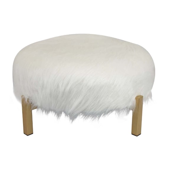 Benjara Accent Ottoman- Fur-Like Texture- 21" White Fabric Upholstery