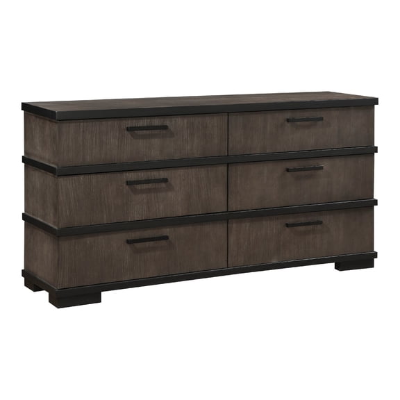 Benjara Acy 67 Inch Dresser, 6 Drawers, Brownish Gray, Black Wood, Bar Handles