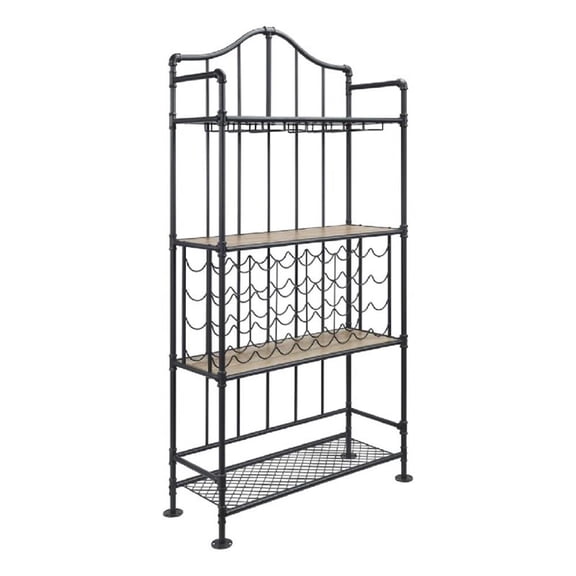 Benjara Ada 73" Wine Bar Metal Rack With Shelves- Stemware- Oak Brown