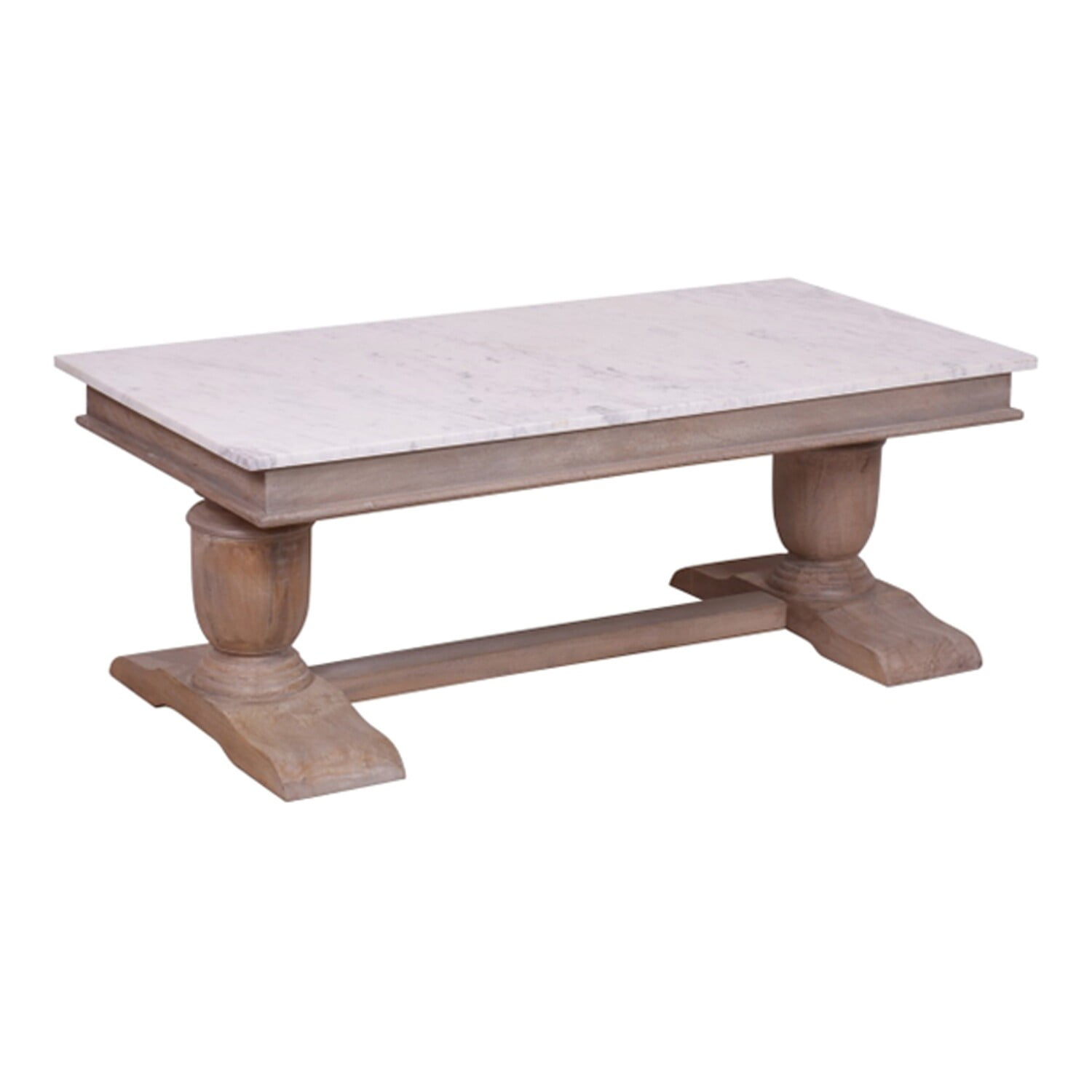 Benjara Agy 49 Inch Coffee Table, White Marble Top, Trestle Base, Brown