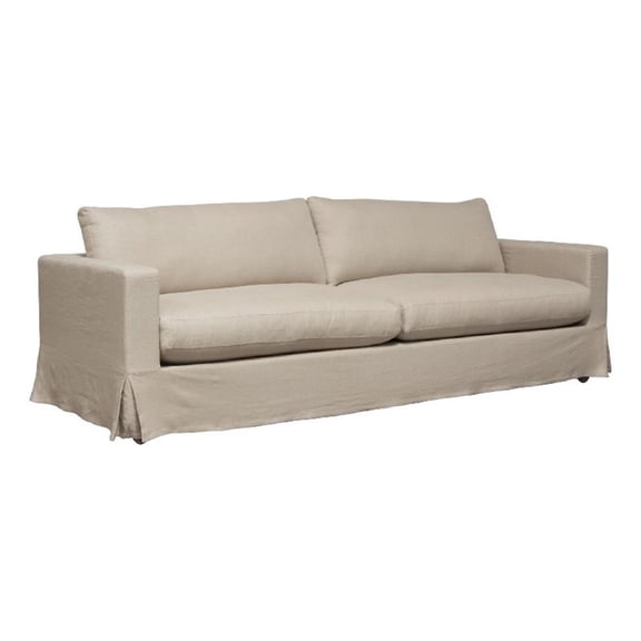 Benjara Aiza Sofa- 94 Inch- Feather Down Seating- Sand Brown- Linen Cover