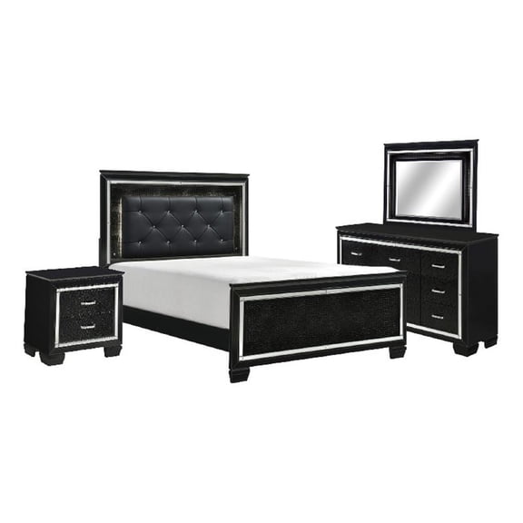 Benjara Alen 4 Pc Queen Size Bedroom Set- Button Tufting- Mirror Trim- Black