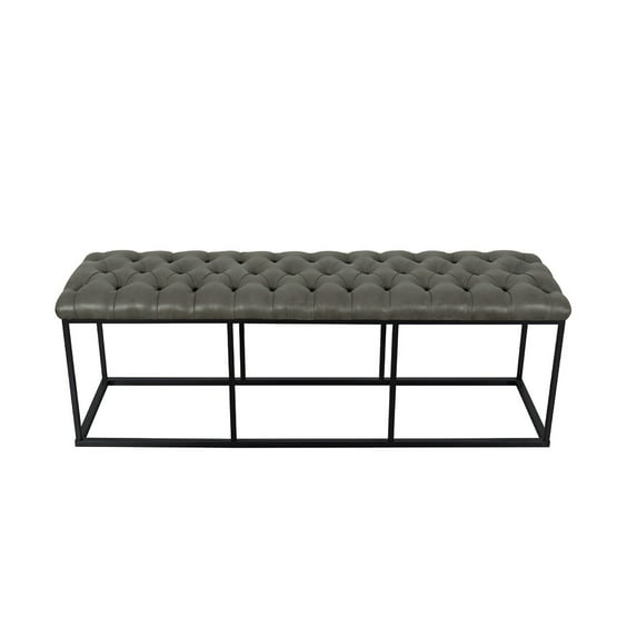 Benjara Ali Ottoman Bench- Open Metal Frame- Gray Tufted Faux Leather 52 Inch