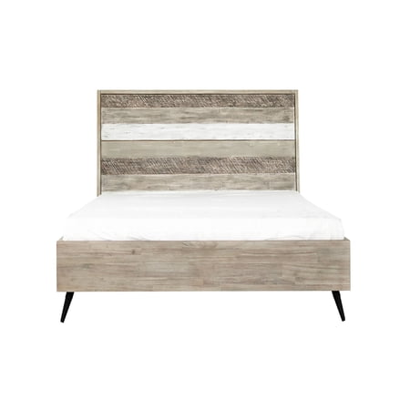 Benjara Aliz Acacia Wood Queen Platform Bed, Metal Angled Legs, Slatted, Brown