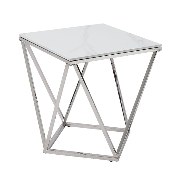Allie End Table- White Sintered Stone- Silver Stainless Steel 21 Inch
