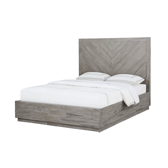 Alliso Full Size Bed, Tall Panel Headboard, Herringbone Style, Gray Acacia