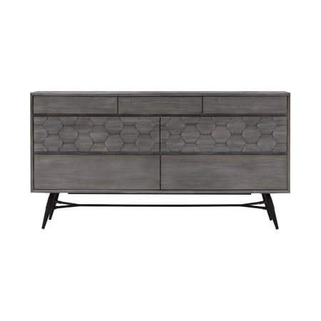 Benjara Amber 61 Inch Modern Dresser, 6 Drawers, Metal Splayed Legs, Gray