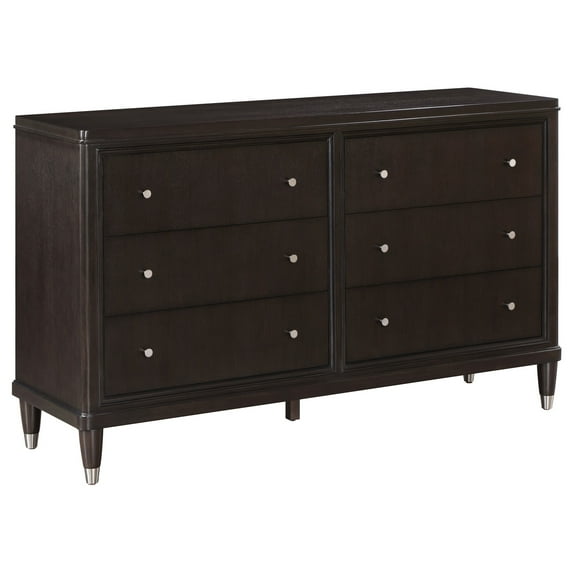 Amber Dresser, 6 Drawers, Round Metal Knobs, Tapered Legs, Brown Wood