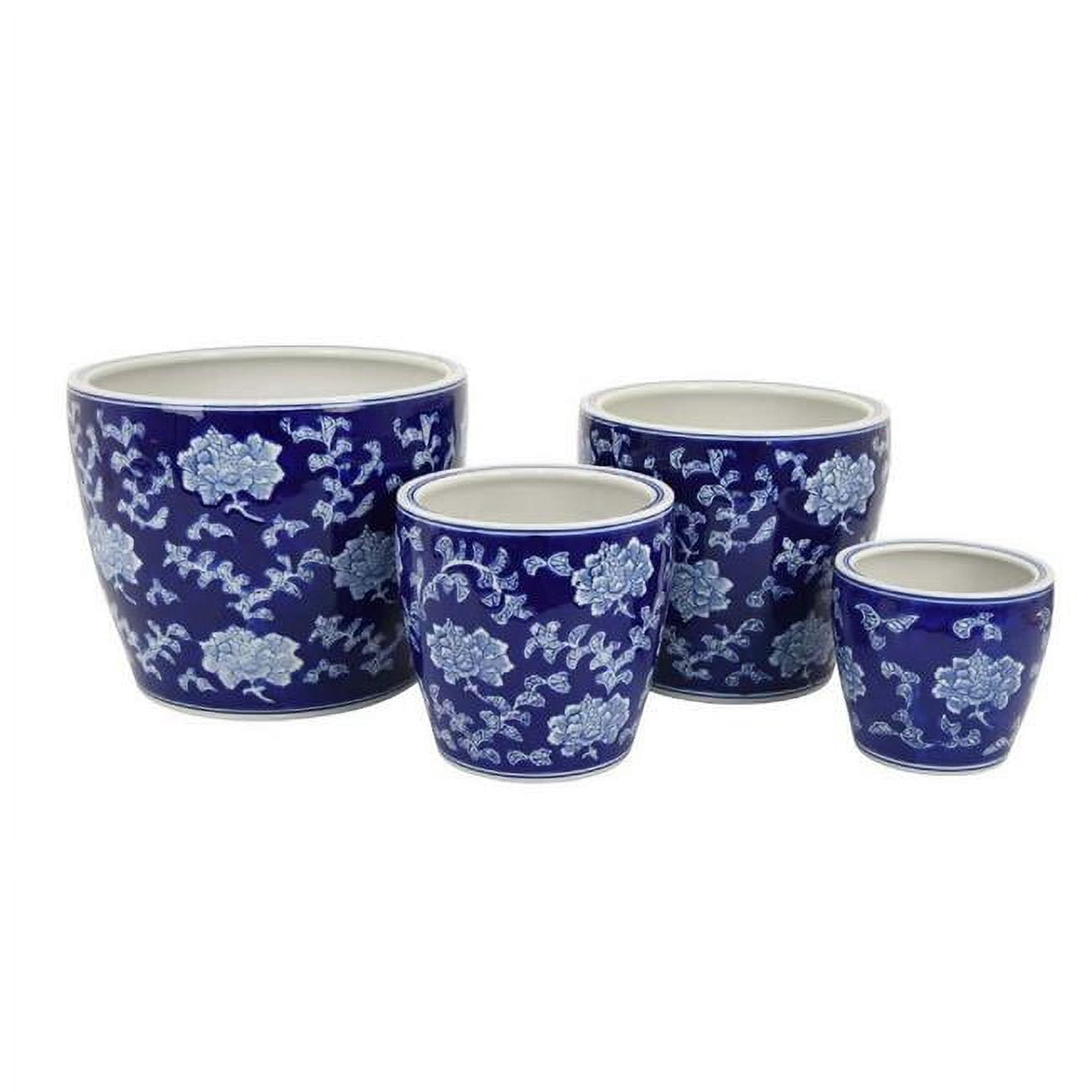 Benjara Ame Flower Pots Round Top Shape Floral White Accents, Deep Blue ...