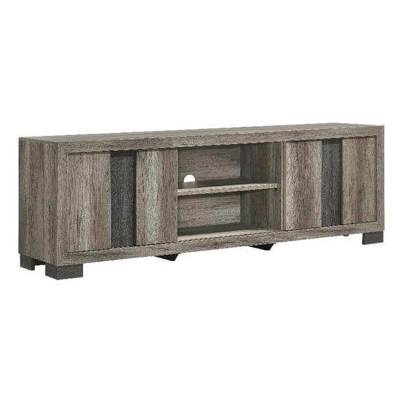 Benjara Amey TV Stand Media Cabinet- 2 Sliding Door and 2 Shelves- Gray Wood