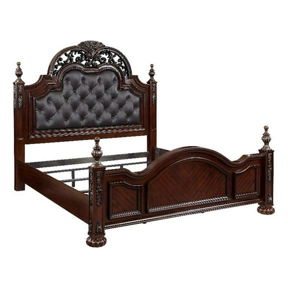 Amio Queen Bed- Button Tufted Faux Leather Headboard- Cherry Brown Wood