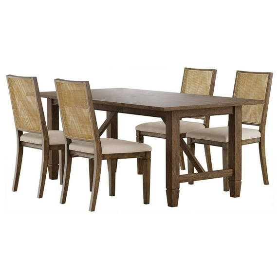 Benjara Andy 5pc Dining Table Set, Cane Rattan Back, Brown Wood, Beige Fabric