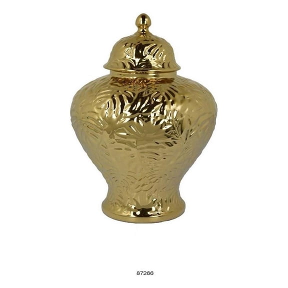 Aniea 18 Inch Accent Temple Jar, Geometric Design, Dome Lid, Gold Ceramic