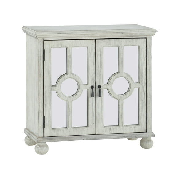 Anik Accent Cabinet- 2 Mirror Inlaid Glass Door- Antique White Wood