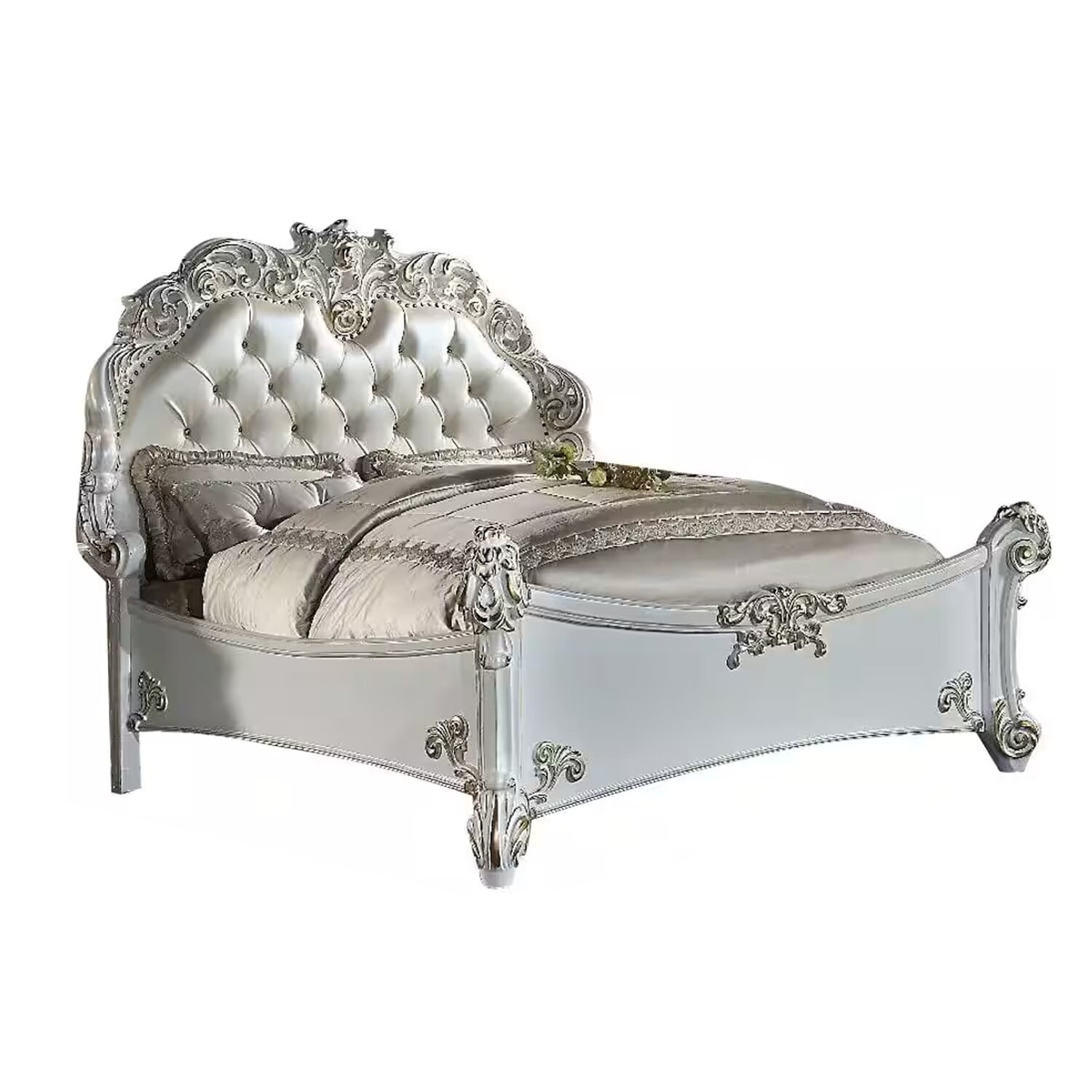 Benjara Antoine Queen Bed, White Faux Leather Victorian Carved, Antique White