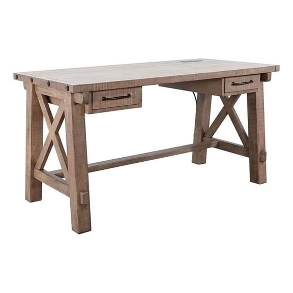 Benjara Anva Writing Desk- 58" with Power Plug- Natural Brown Solid Mahogany