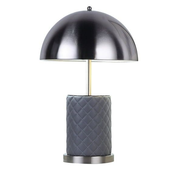 Benjara Aria 21 Inch Table Lamp, Dome Shade, Round, Gray Faux Leather, Dark Silver
