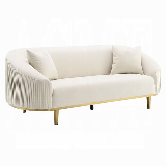 Artina Sofa, 2 Accent Throw Pillows, Ivory Velvet, Gold Metal, 89 Inch