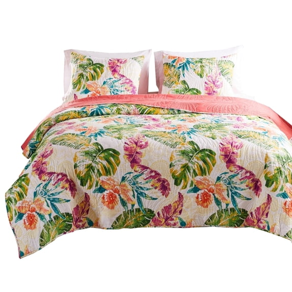 Benjara Aulne 3 Piece King Quilt Set with Leaf Print- Multicolor